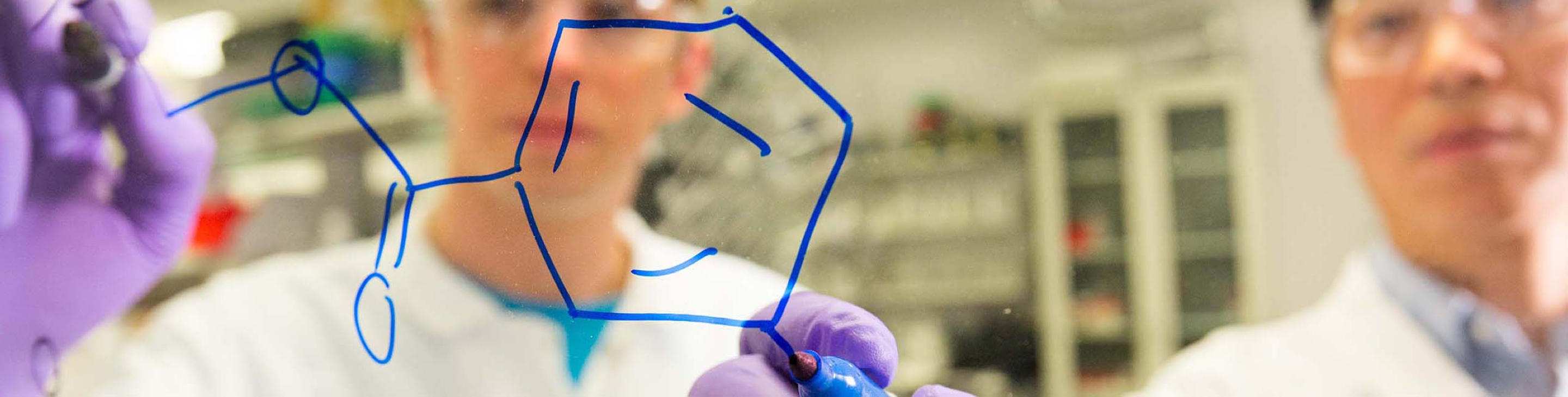 Scientists drawing molecules on a white board